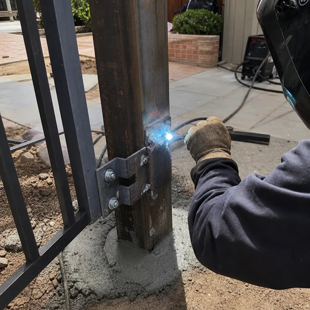 Welder installing a metal gate hinge onto a support post