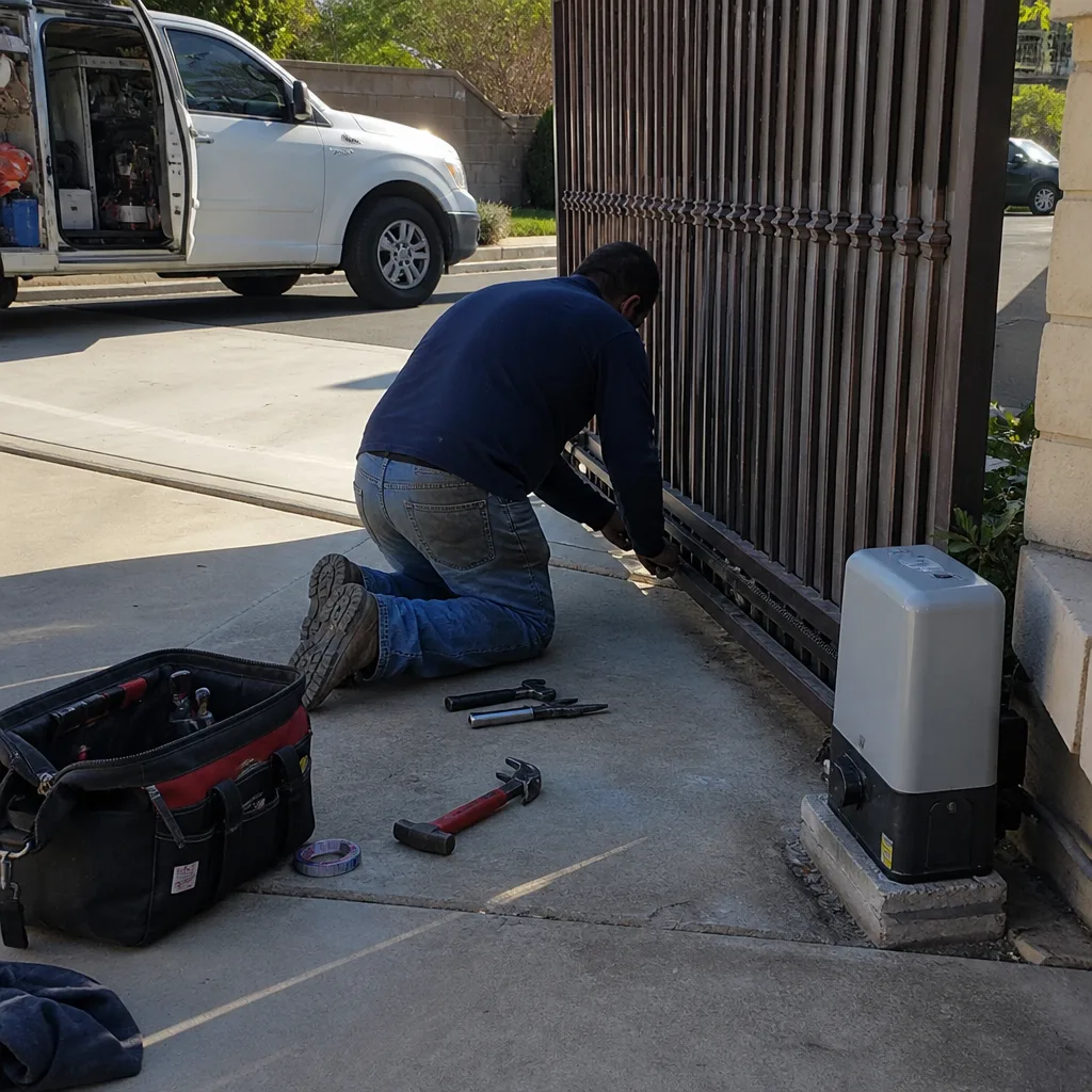 Technician performing automatic gate motor repair on a residential property