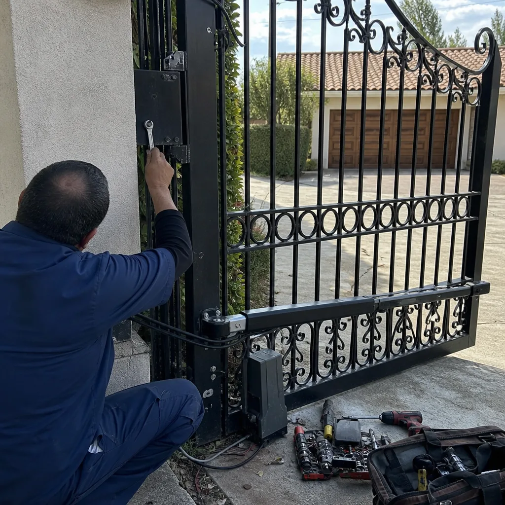 Technician performing professional gate motor repair on residential iron driveway gate