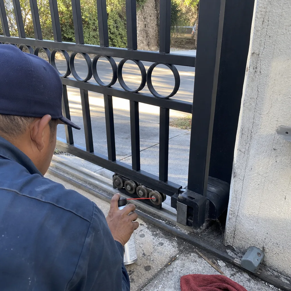 Technician performing maintenance and lubrication on sliding gate rollers