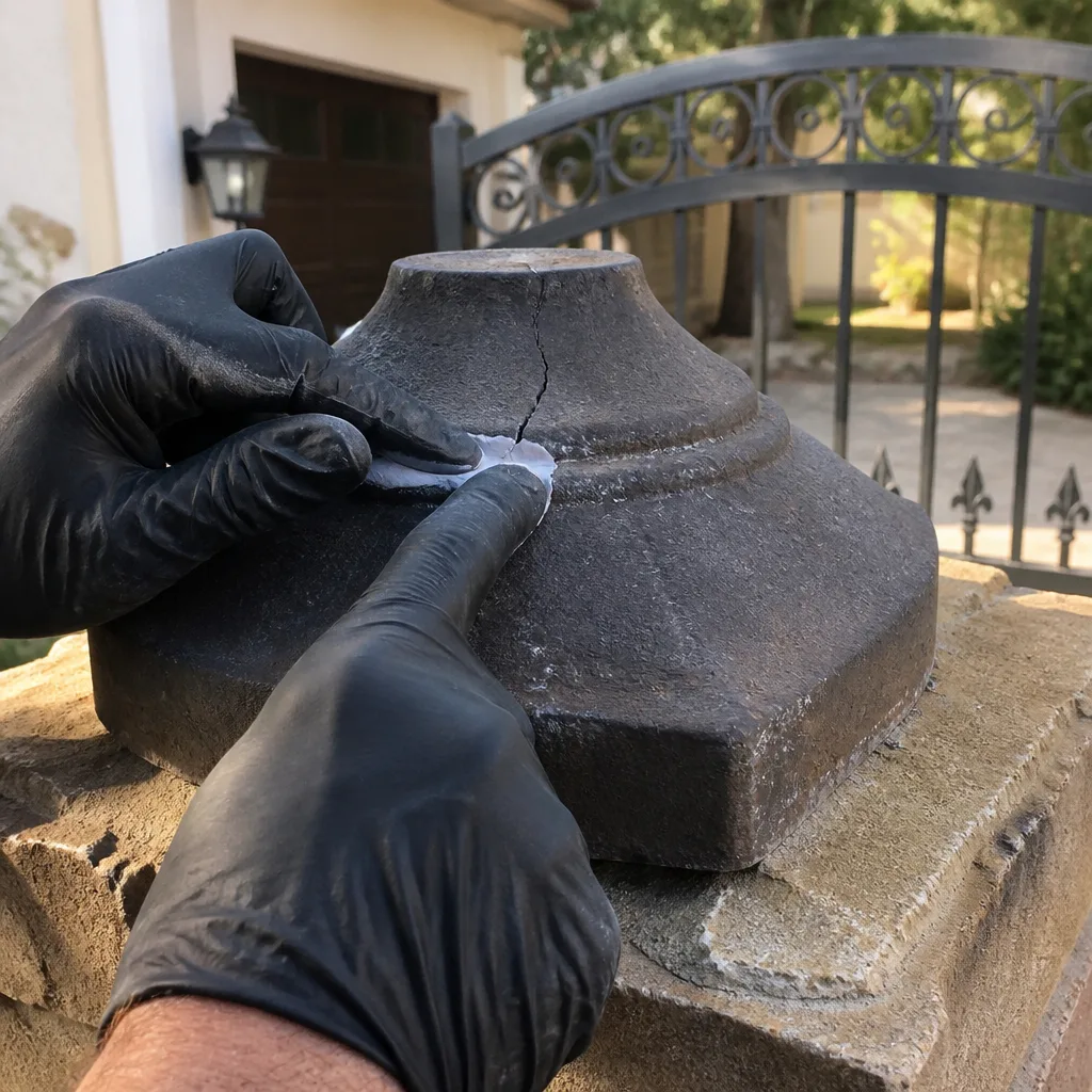 professional repairing a cracked metal gate post finial