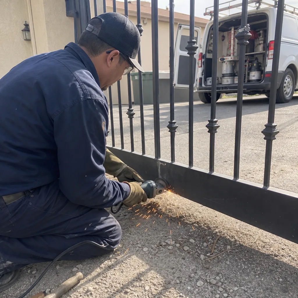 Technician using an angle grinder for metal gate repair services.
