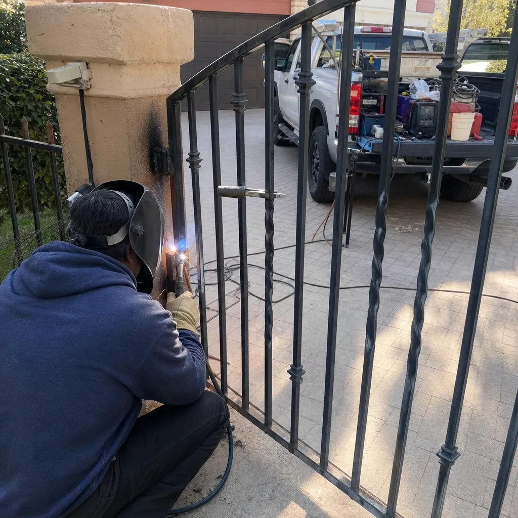 A professional welder repairing a wrought iron gate.
